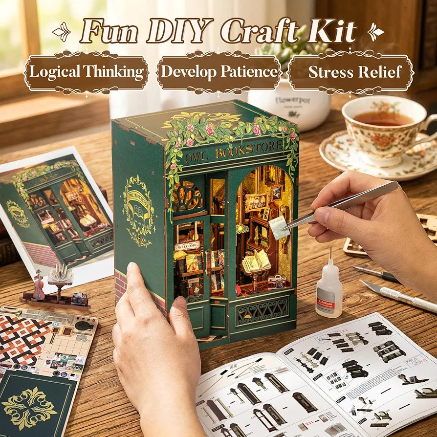 Owl Bookstore 3D Wooden Puzzle DIY Miniature House Kit